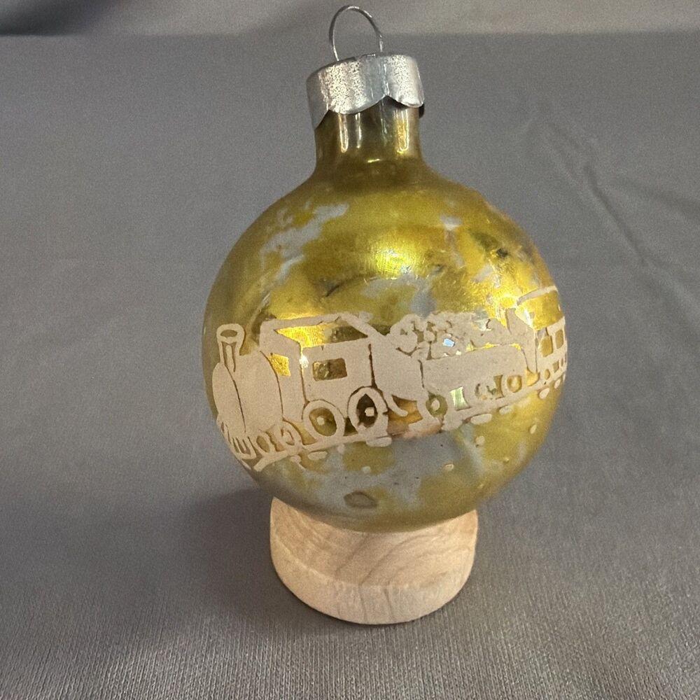 Vintage Stenciled Glass Christmas Ornament Gold Sleigh Scene Made in USA Small